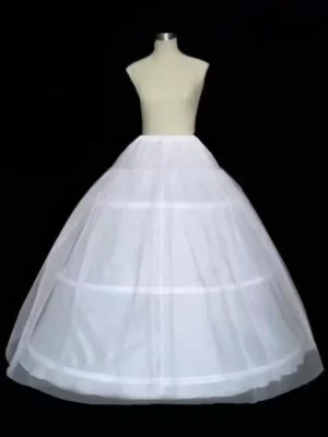 White 3-hoop Lolita petticoat front flat view on dress form showing full A-line silhouette with sheer tulle overlay and tiered structure