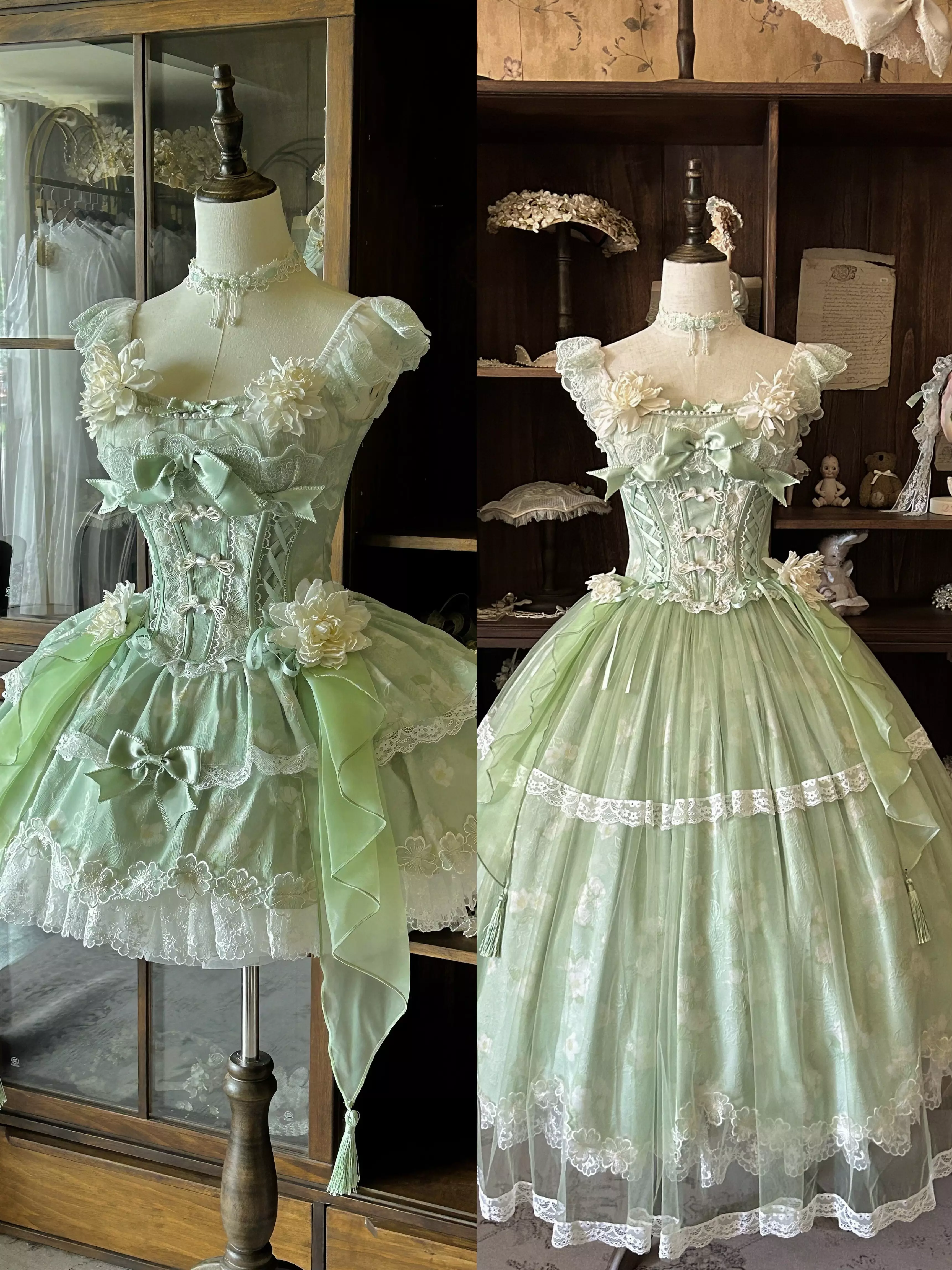 Sweet lolita fairy dress product presentation flat lay showing full dress design layered ruffles lace and dimensional structure