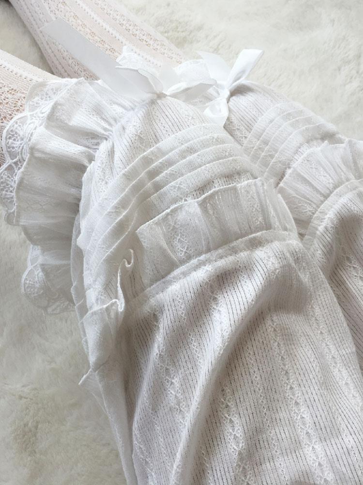 Overhead close-up of lolita bloomer cuff details featuring satin bow, pleated ruffles, embroidered scalloped lace trim, and striped fabric construction