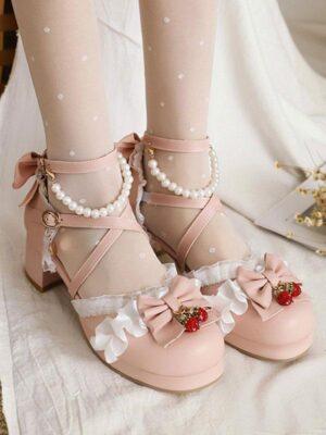 Sweet lolita chunky heel sandals with pearl crisscross ankle straps and strawberry bow charms overhead view