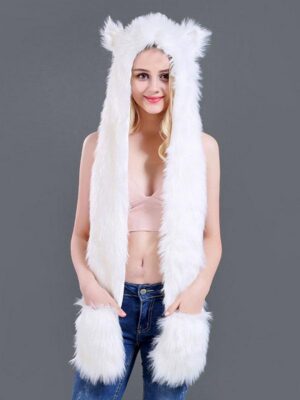 White faux fur hooded scarf with hand warmers worn by model in crop top - front view lolita winter accessory set