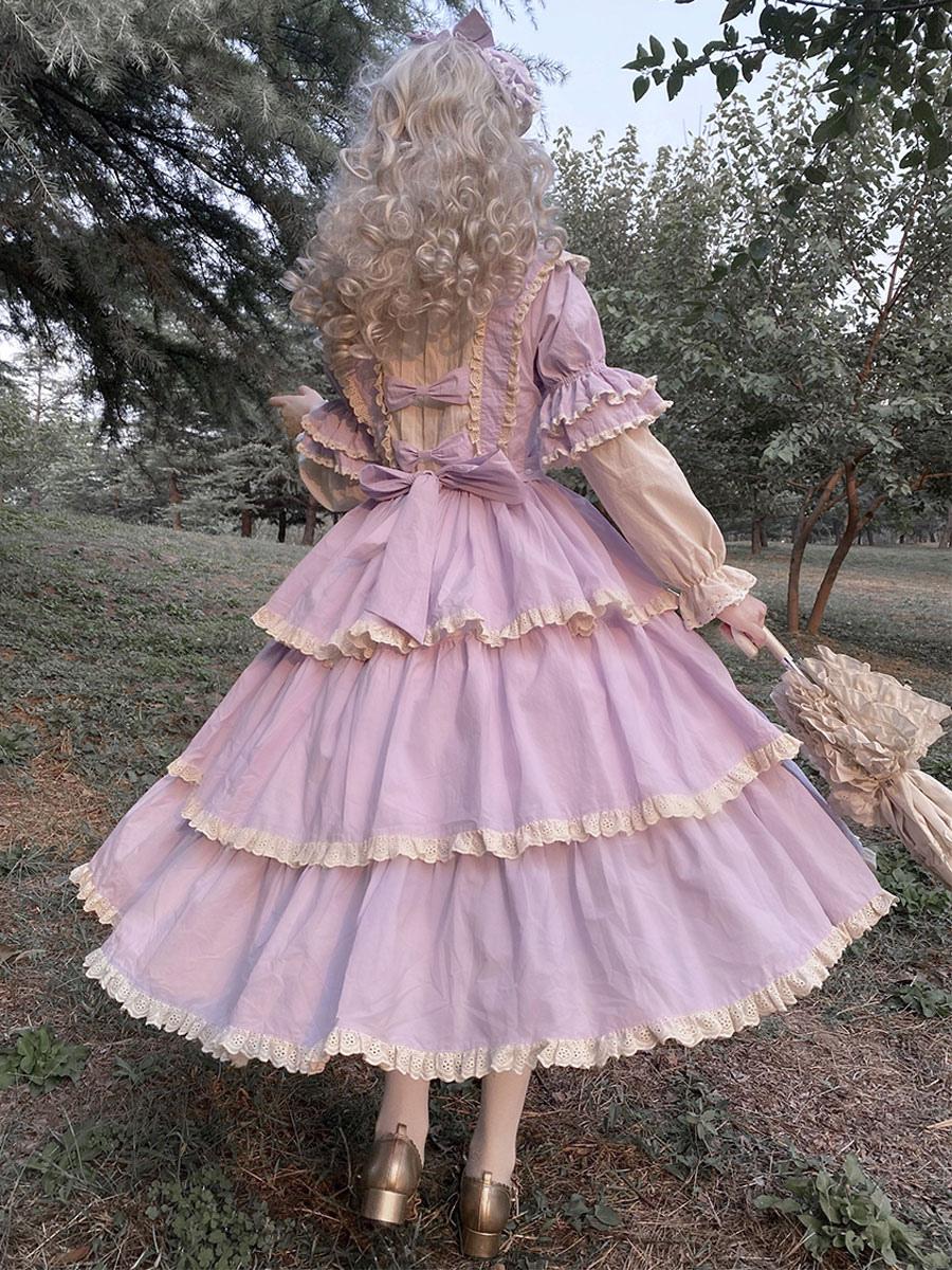 Gothic fairy lolita dress complete ensemble showcase black and purple color options with full silhouette and volume