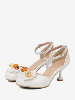 Sweet Lolita bow sandals with round toe and kitten heel, front paired display view showing ecru white PU leather with fruit-bead bow embellishment and ankle buckle strap