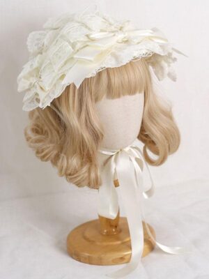 Ivory white lace Lolita hairband with multi-layered ruffles satin bow and white ribbon tie on mannequin front view rococo lolita headdress