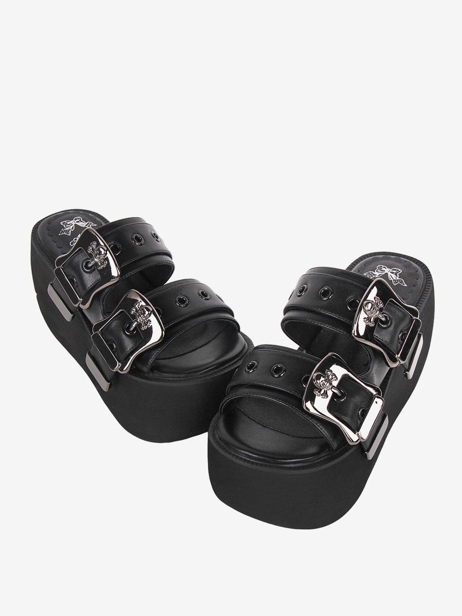 Pair of Gothic Lolita platform sandals left oblique front view displaying round open toe and dual silver buckled straps