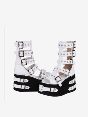 Gothic Lolita gladiator platform sandals side-by-side three-quarter view featuring white PU straps with silver buckles and black thick wedge soles with silver hardware accents