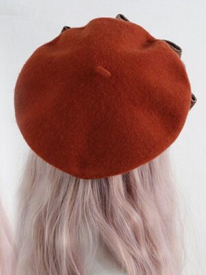 sweet lolita wool beret reddish-brown color with plaid bow pearl details front top view mannequin styling