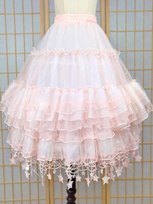 Pink tiered Lolita petticoat with embroidered star lace hem displayed on dress form, full front view showing layered tulle ruffles and elastic waist
