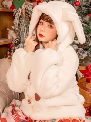 white fluffy rabbit ear sweet lolita coat front close-up with toggle buttons and loose silhouette fleece fabric