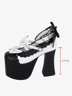 Single sweet lolita high heel sandal showcasing side profile with 12.5cm block heel, heart-shaped metal buckle ankle strap, and decorative bow embellishments on black PU material