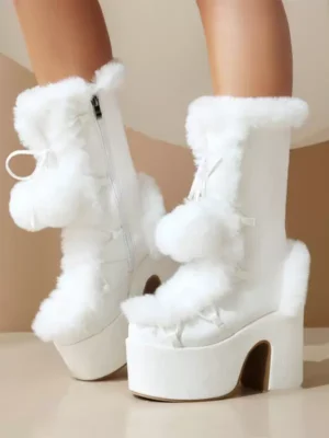 white fluffy sweet lolita platform boots front three-quarter view pom-pom bows chunky heel side zipper