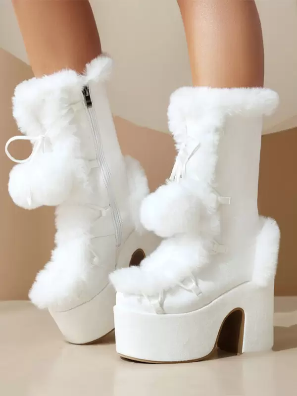 white fluffy sweet lolita platform boots front three-quarter view pom-pom bows chunky heel side zipper