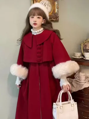 Burgundy sweet lolita wool overcoat with prominent doll collar, round fabric buttons, and fluffy white fur cuffs, worn by lolita model in vintage tea room setting, front eye-level view showcasing romantic silhouette and classic sweet lolita styling