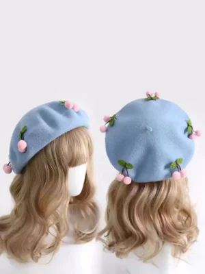 Sweet Lolita cherry beret headdress in sky blue fabric with pink cherry ornaments, front and back display on mannequin
