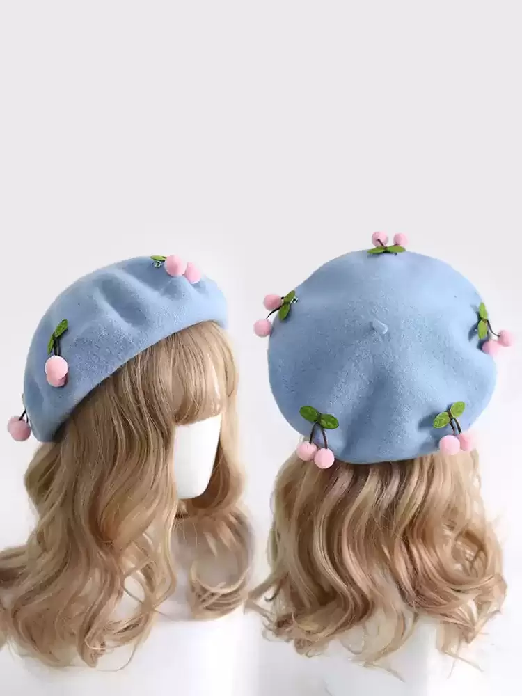 Sweet Lolita cherry beret headdress in sky blue fabric with pink cherry ornaments, front and back display on mannequin
