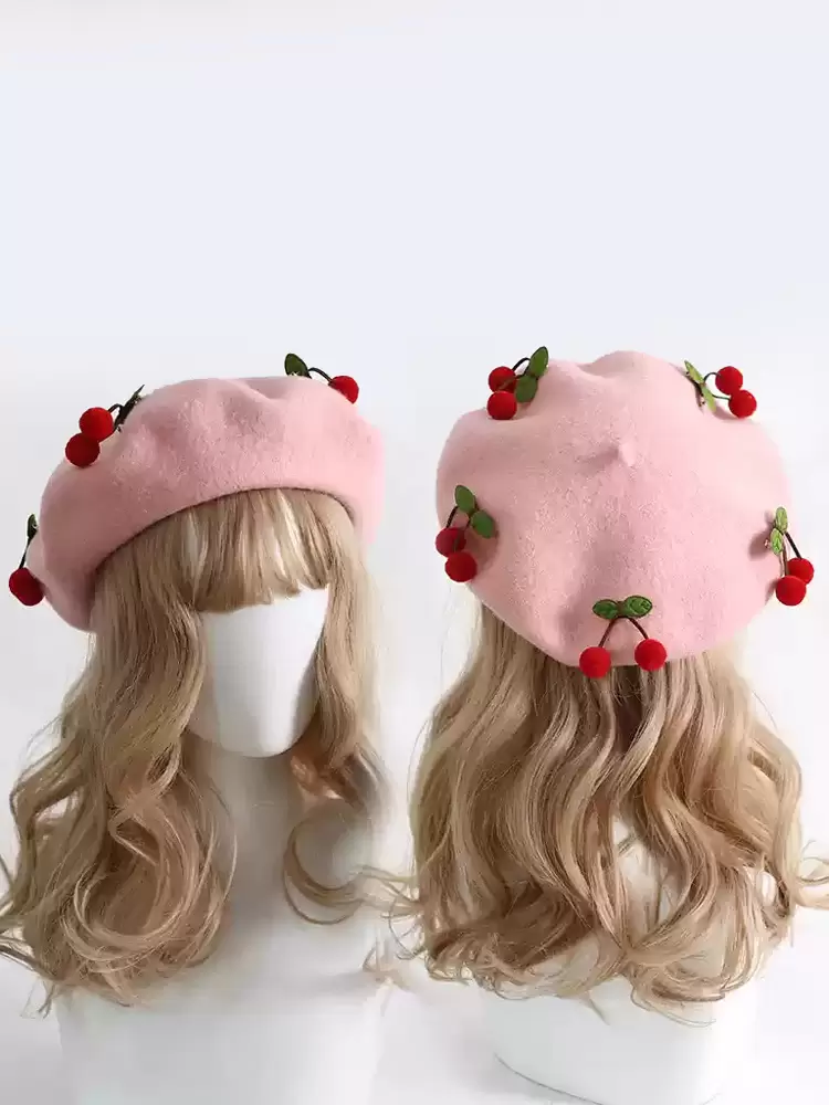 Pastel pink Sweet Lolita cherry beret with red pom-pom cherry decoration, front and back view