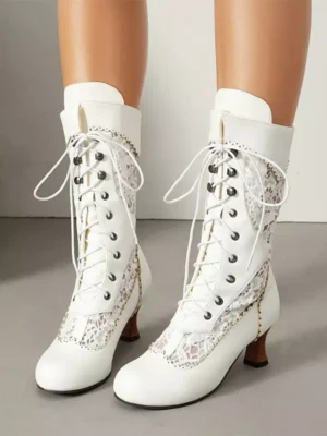 white vintage lolita mid-calf boots with floral lace panels and front lace-up closure flat lay view