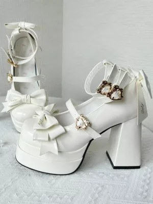Sweet ballet lolita platform pumps with delicate bow embellishment, chunky block heel, heart metal buckles, and multi-strap ankle construction, front-side static display on plain fabric background