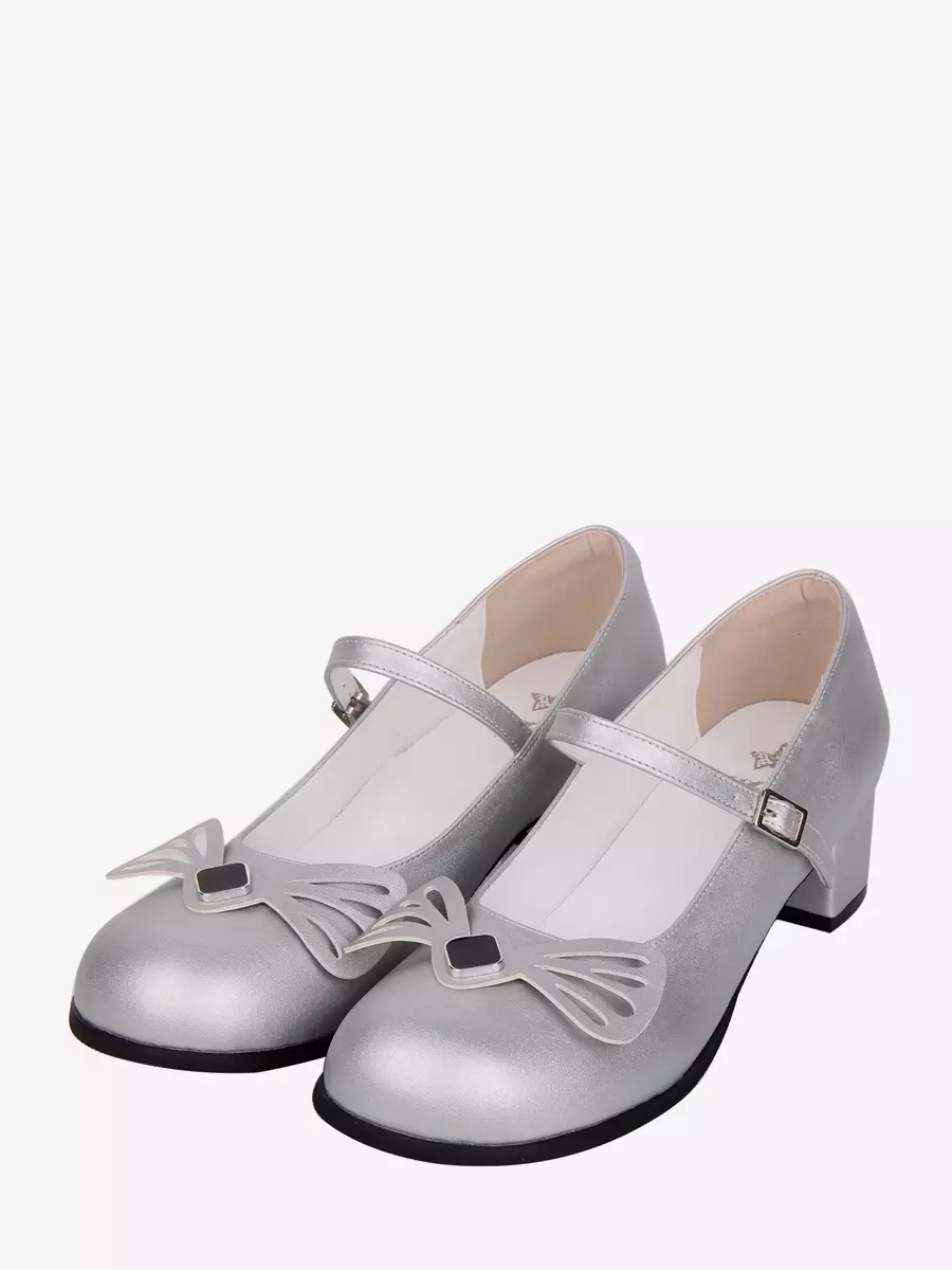 Paired silver bow Mary Jane Lolita pumps with adjustable ankle strap and hollow bow detail viewed from front top-down angle, showcasing round toe and block heel