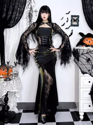 Black gothic lolita mermaid dress with long dramatic lace flare sleeves and corset waist front view on female model