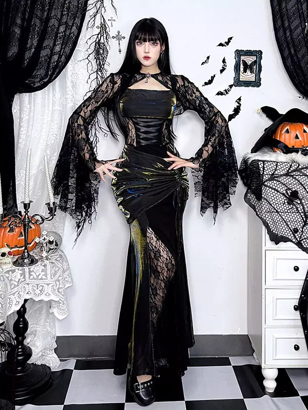 Black gothic lolita mermaid dress with long dramatic lace flare sleeves and corset waist front view on female model