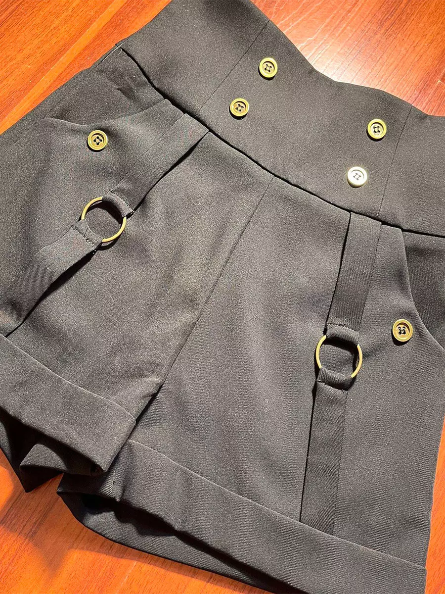 Dark grey ouji lolita high-waist shorts flat lay detail shot, brass metal buttons D-rings rolled hem craftsmanship