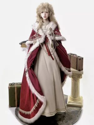 Vintage royal gold embroidery winter queen cloak full front view on blonde lolita model wearing wine red velvet cape with white fluffy fur trim
