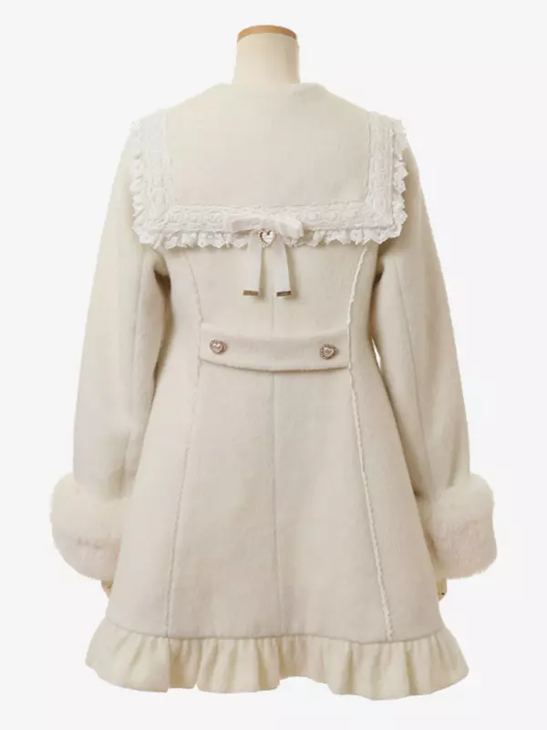 Sweet lolita wool coat white color variant back view displaying complete silhouette with bow accent and waist detail