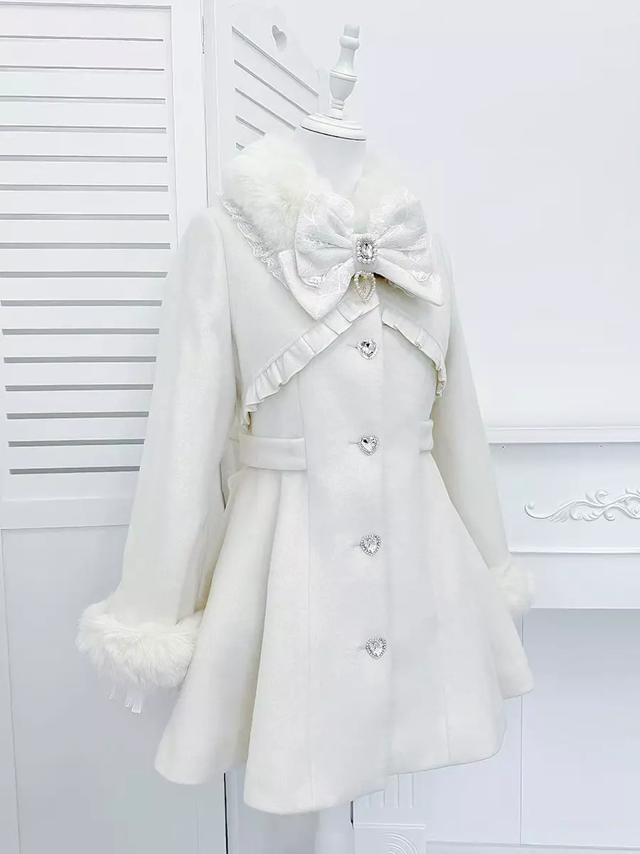White Sweet Gothic Lolita wool overcoat front flat display with furry collar, satin bow decor, heart-shaped buttons, and A-line silhouette