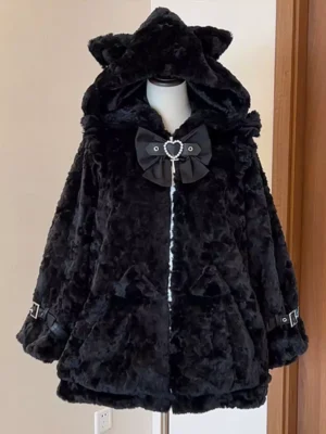 Black cat ear hooded plush gothic lolita coat with heart rhinestone bow decoration front view mannequin display