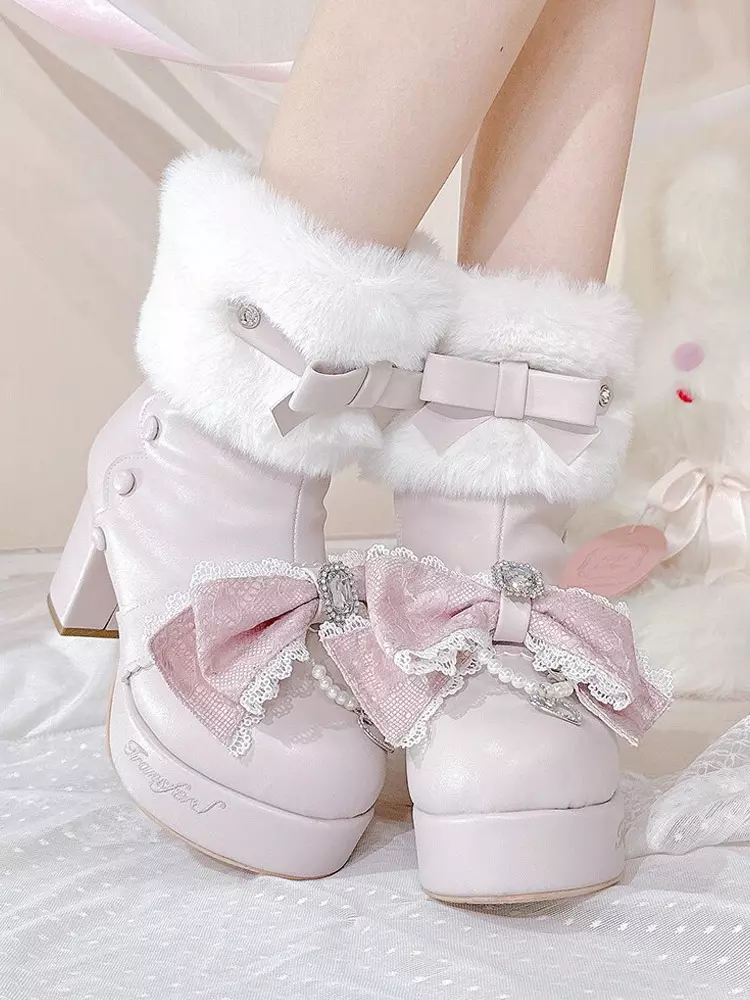 Light pink sweet lolita platform ankle boots with white fluffy fur cuff and pink rhinestone bow, overhead front view