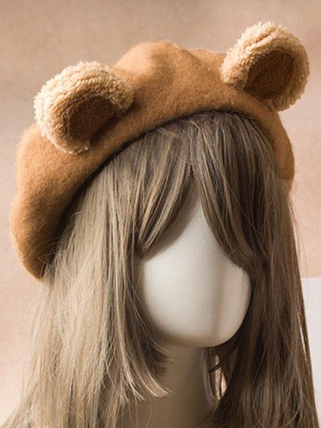 Warm brown bear ear wool lolita beret headdress shown from front three-quarter angle on mannequin, featuring tan fuzzy bear ears with dark brown inner ear details and classic beret silhouette