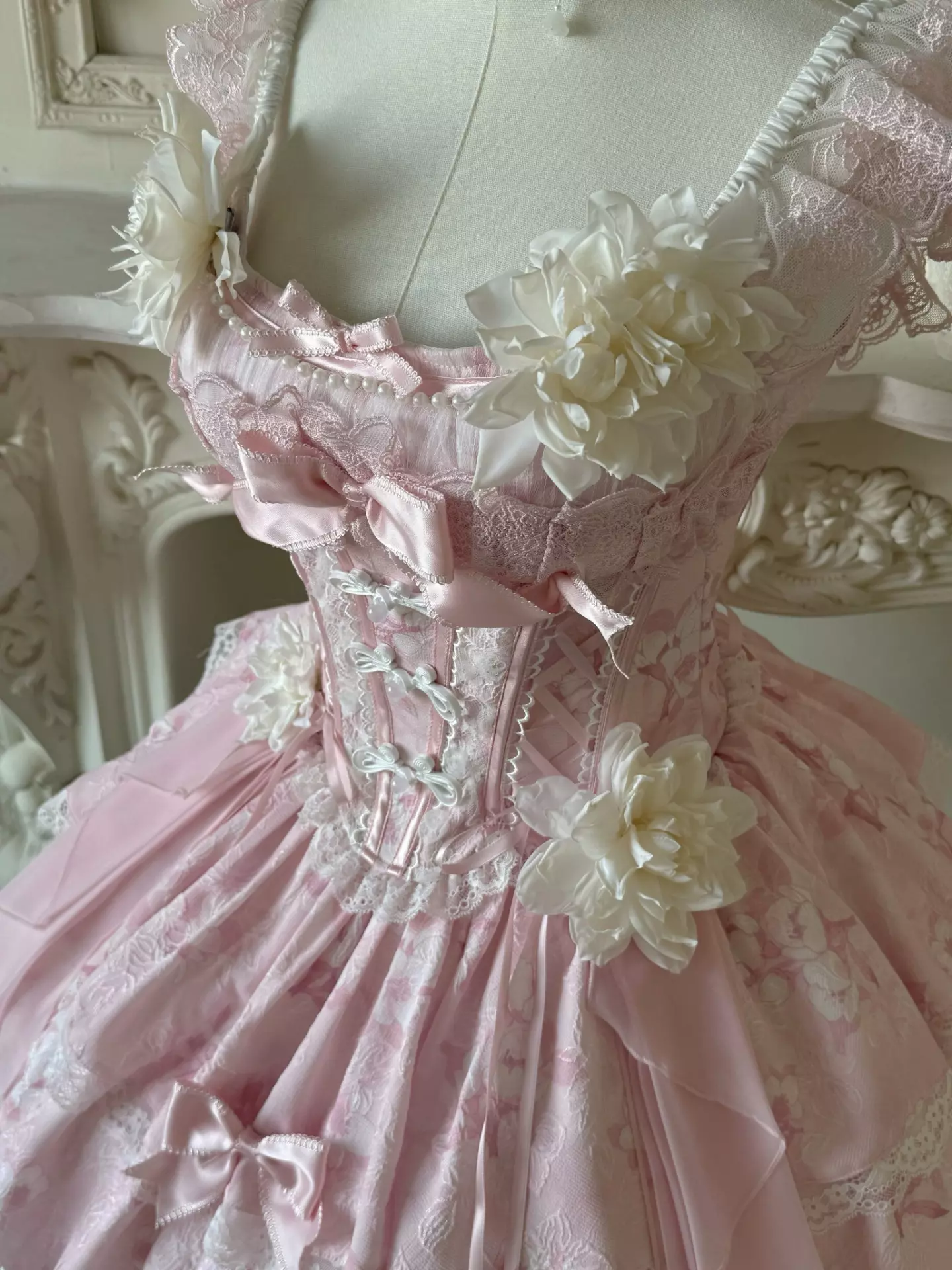 Sweet lolita fairy dress hem and ruffled skirt construction detail showing layered polyester ruffle construction and lace trim