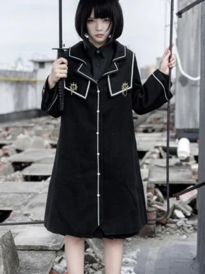 Black lolita long coat front view with pearl button placket white collar cuff trim metal embroidery badges academic style polyester overcoat