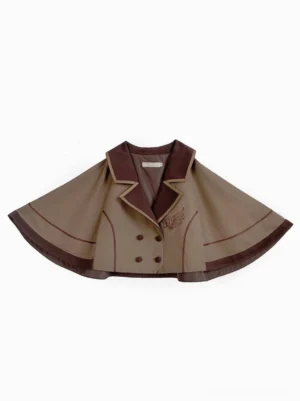 Coffee brown academic lolita cape cloak front flat lay detail showing dark brown contrast trim wing embroidery double-breasted closure