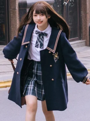 Dark Navy Academic Lolita Sailor Collar Overcoat front view with teen model wearing double-breasted gold buttons and striped collar trim on urban street