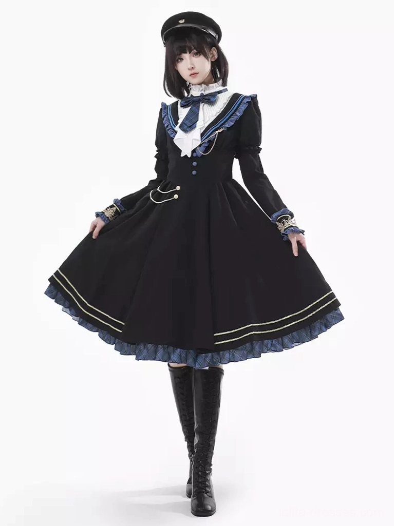 Academic style Lolita dress front view black plaid with white lace collar blue bow military cap styling knee-high boots golden accents