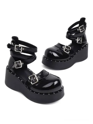 Pair of black lolita platform shoes with glossy pu leather and silver buckle straps side and top view showing platform sole details