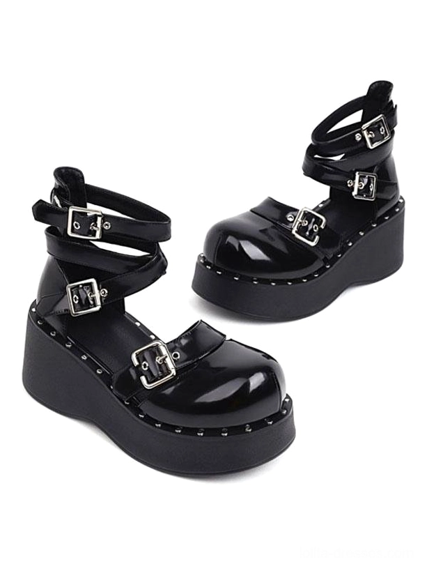 Pair of black lolita platform shoes with glossy pu leather and silver buckle straps side and top view showing platform sole details