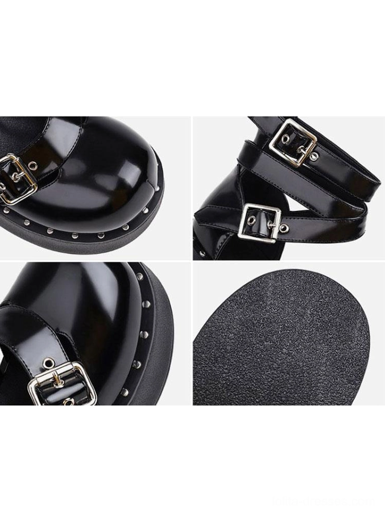 Close-up detail set of black academic lolita shoes showing patent toe cap silver buckles studded platform sole texture and insole construction