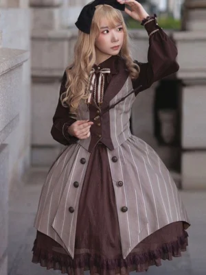 Academic lolita vintage outfit with brown bow necktie and long dark inner sleeves front side angle on teenage model