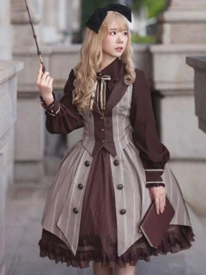Coffee brown academic lolita waistcoat front view with striped high-low skirt on model outdoor European stone street setting