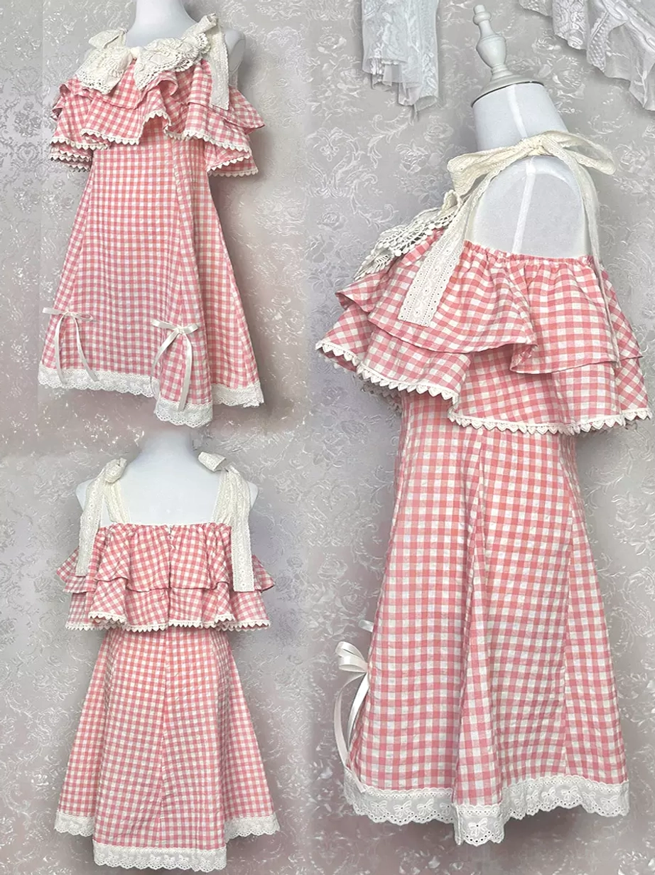 Adult gingham Lolita mini dress hanging display front view ruffle shoulder trim delicate lace hem pink white pattern
