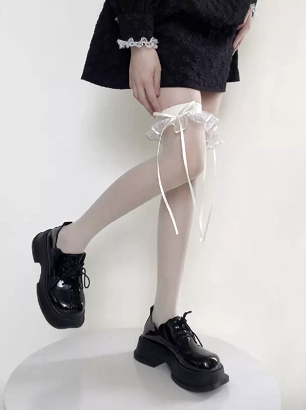Transparent cream sheer thigh high lolita stockings with ruffled lace garter side standing view full length