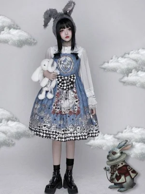 Alice in Wonderland sweet lolita jumper skirt dress light sky blue front view full body model wearing rabbit ear headdress with checkered bow and printed fairy tale motifs