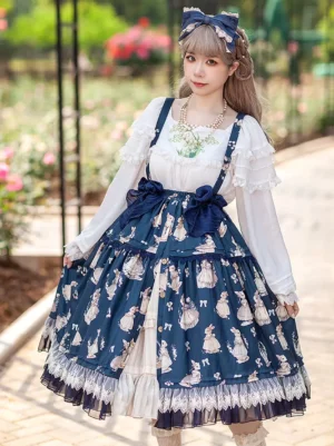 Soft apricot lolita dress set full front view with white ruffled blouse chest embroidery detail paired with bunny print skirt in flower garden setting
