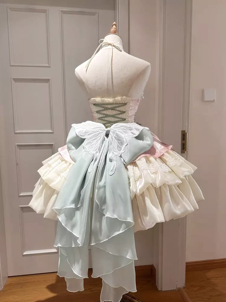 Apricot Fairy Lolita JSK dress back view showcasing dramatic powder blue chiffon bow train, lace-up corset back closure, tiered ruffled skirt construction with coordinating trim details on dress form