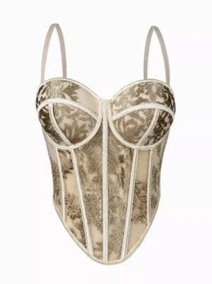 Apricot floral embroidered corset bustier halter top front view flat lay with gold floral patterns spaghetti straps lolita fashion