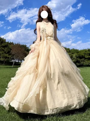 Apricot halter lolita prom dress with 3D floral waist ornament and matching shawl, front view for tea party