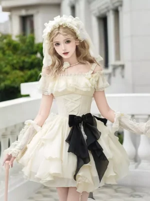 Apricot hime sweet lolita dress with off-shoulder ruffled design, black waist bow, and lace headdress, front view on blonde model in European balcony setting